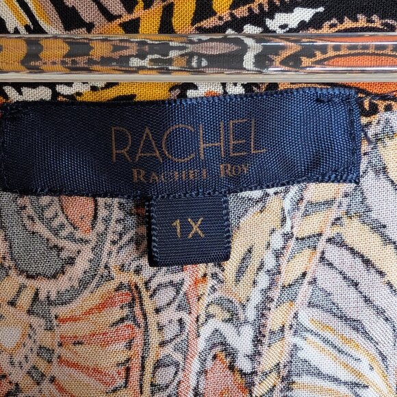 Rachel Roy Blouse 1X Orange Paisley Boho V-Neck Silky 3/4 Tie Sleeve EUC - Picture 2 of 8
